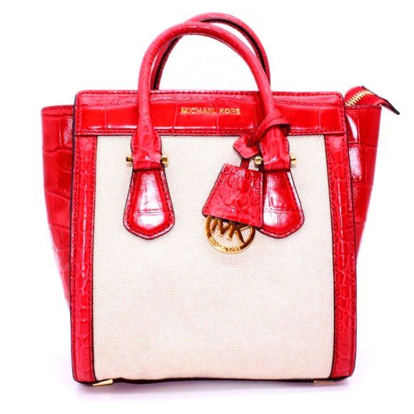 Michael Kors SATCHEL Shoulder Bag Purse Logo Leather Red-Beige-Gold - Picture 1 of 10